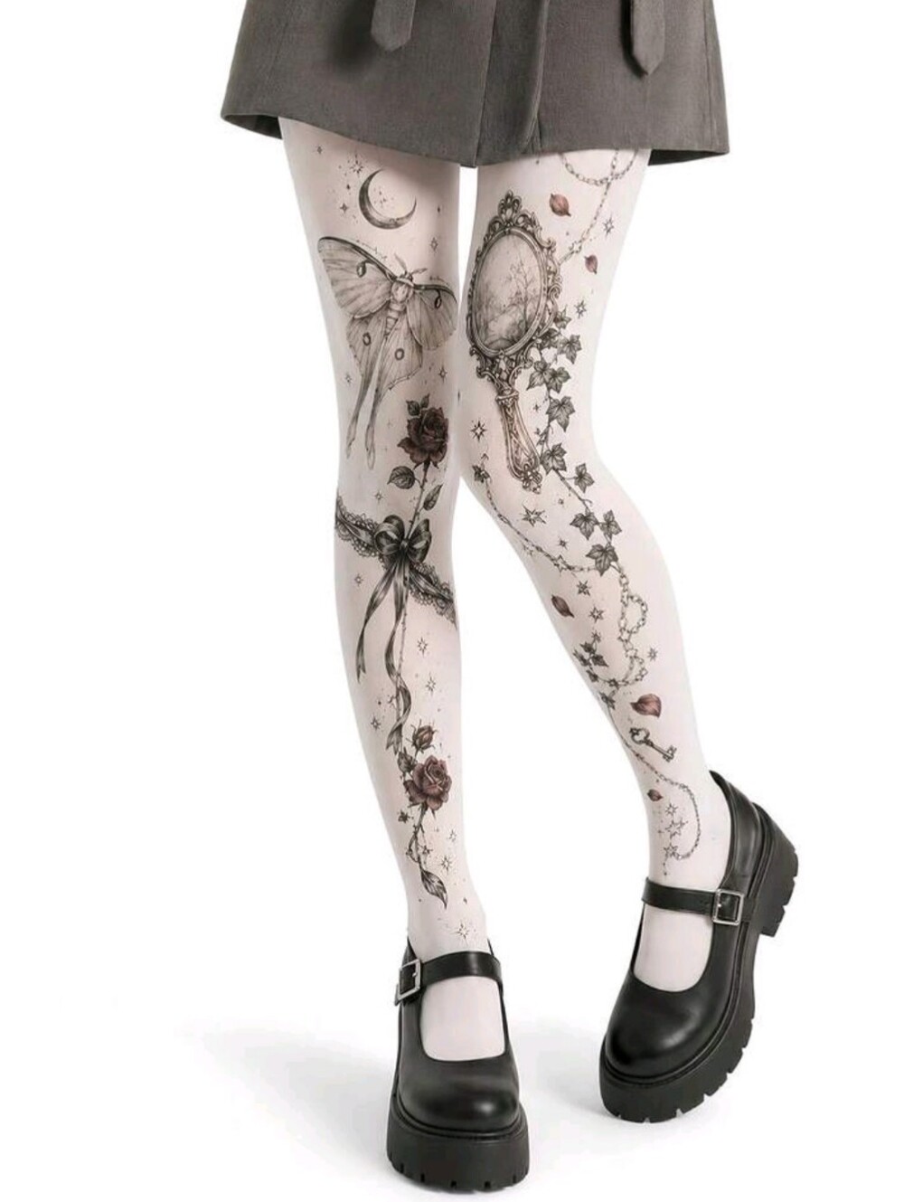 Moon Mirror Rose Bow Pattern Tights, Vintage-Like.
